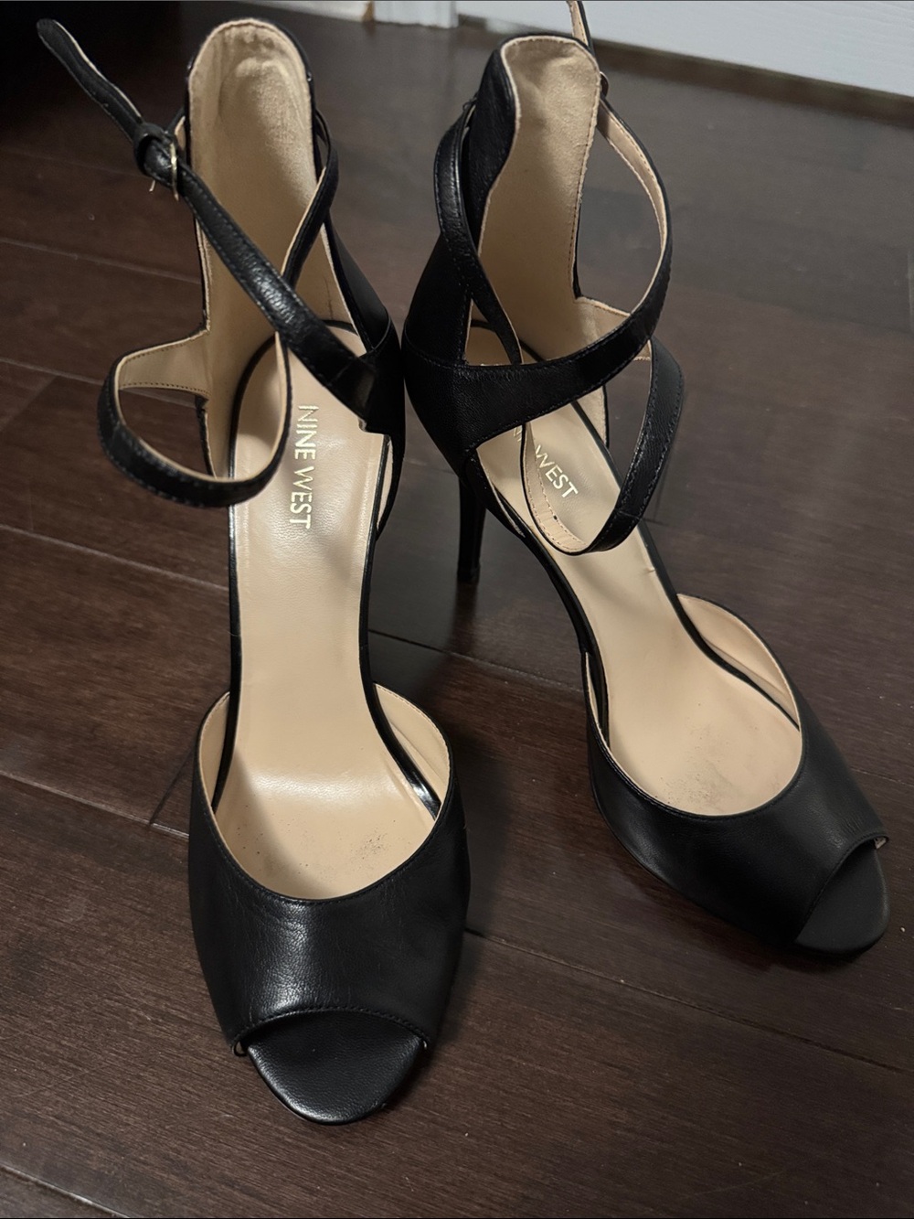 Nine West Doreen Black Leather Peep-Toe Ankle-Strap Heels